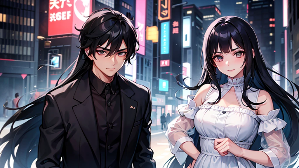 A boy and a girl, 1 woman (She has long black hair), 1 man (he has short black hair).wearing a formal dress, Anime style,Delicate facial features,Beautiful eyes,Expression smile,Delicate facial features,Pretty Face,daytime, Stand in the city at night, Neon,Backlight