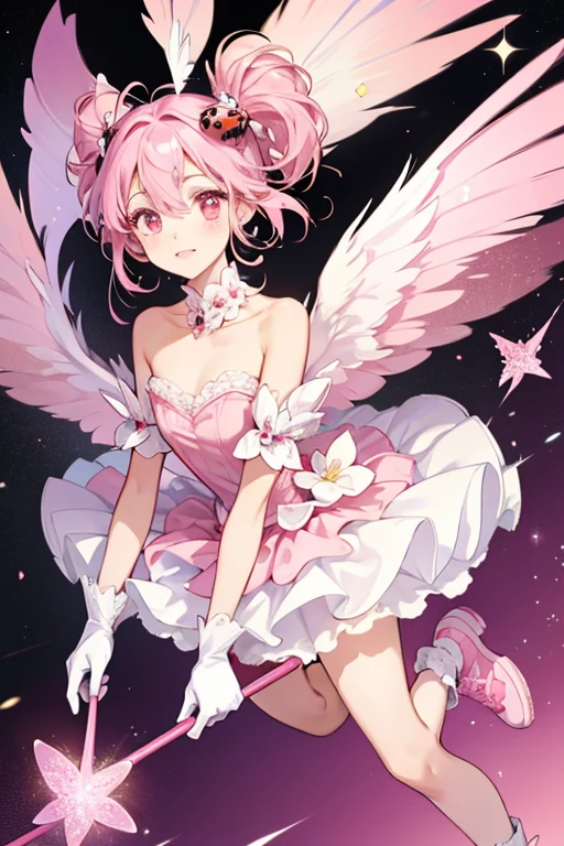SHE IS  ladybugs with black limbs that wear a pair of white gloves. SHE  have with pink wings, light pink spots and antennas, and wear pink shoes.  SPARKLE; GLITTER