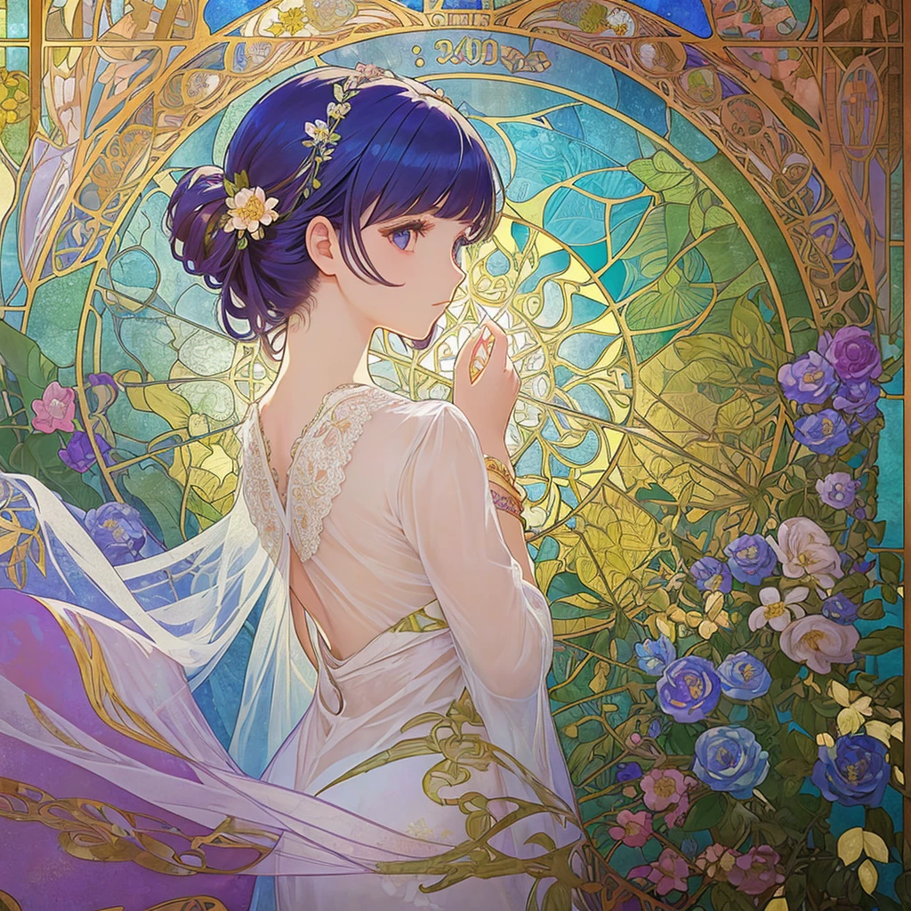 (((1 girl ))), masterpiece, highest quality, beautifully、aesthetic: 1.2, gem, Quality lace, Detailed frame, Flowers, leaf, A beautiful girl fits into the frame, Alphonse Mucha Style, Transparent and beautiful stained glass background,  rainbow colorful hair, from behind, Jewelry, hair ornaments, platinum