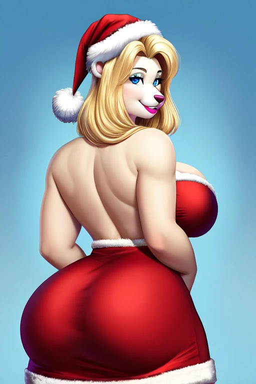 Blonde polar bear woman, wearing a backless Santa dress, perfect face, blue eyes, , cleavage, back view, big , solo, smile, perfect detailed body, pink lipstick,