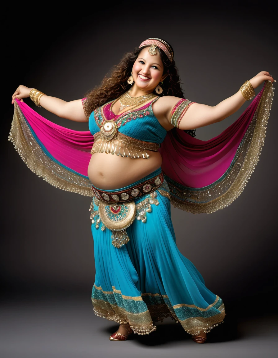 photorealistic portrait of Dressed animals - a ((fat))baby angora goat belly dancer,(belly dancing:2.0), (swinging arms :2.0),(happy smile:1.2),high quality,(happy),(lovely) ,intricate details, (), highly detailed (( gypsy belly dancing clothes)) ,highly detailed decorations of clothes, Wearing gypsy belly dancing clothes, , (happy), studio lighting,(full body image:1.5),simple background,(viewed from side:2.0),