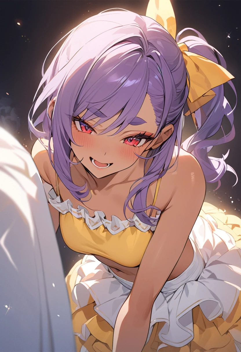 (anime style),masterpiece, best quality, extremely detailed,tanned skin,15yo gal,dark skin Beautiful body,Cinderella bust,BREAK,multicolored dark Purple hair,little side ponytail,short hair with long locks,BREAK,red eyes,naughty smile,shy,,thick eyebrow,smug,open mouth,eyes widen,sensual face,smile face,detailed lips,False eyelashes,BREAK,cotton red big ribbon,BREAK, yellow camisole dress,midriff baring outfit,frilled clothing,bridal gown,leaning_forward,break,head tilt,looking back