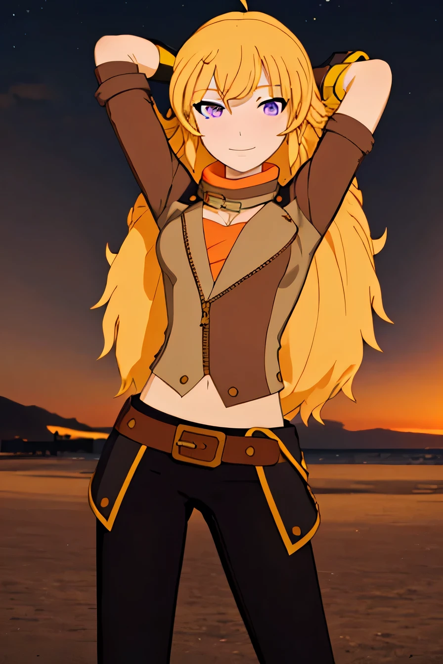 ((masterpiece,best quality)), 
Yang_RWBY,  1girl, solo, yellow hair, long hair, purple eyes, 
ahoge, mechanical arm, 
 belt, pants, jacket, fingerless gloves, 
 high quality, solo, 1girl, night sky, beach, arms behind head, (contrapposto), closed mouth, spread armpits, (cowboy shot:1.5), looking at viewer, smile, best quality,
cinematic composition, 