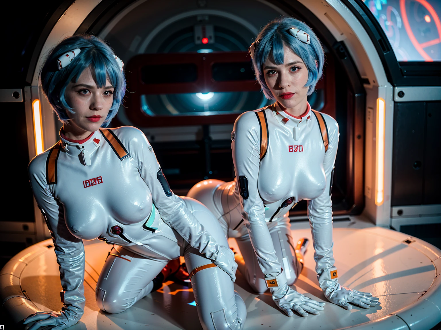 (masterpiece), (best quality), (red eyes), (epiCRealLife), (red lipstick),(cleavage), (j4nu4ryj0n3s) (young woman), (European Model), (Plugsuit), (ayanami_rei plugsuit), interface headset, white bodysuit),(white gloves) (red eyes), (blue hair), (medium breasts),(flash photography), (natural lights), (ample lights),( light smile), (pose for picture), (white gloves), (light smile), (lying on the space bed), (space station lobby), (kneeling poses), (spaceship cockpit), (galaxy scenery),