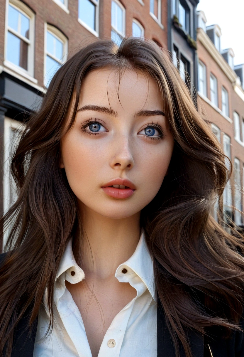 ((Sophie Mudd))), Photo brute, belle 24 ans.oh woman, visage mignon, very hot, wonderful goddess, (((Cheveux noirs mi-longs))), frange devant, yeux marrons, in Amsterdam, well dressed with a shirt, Low angle shot, Coup moyen, photo de haute qualité