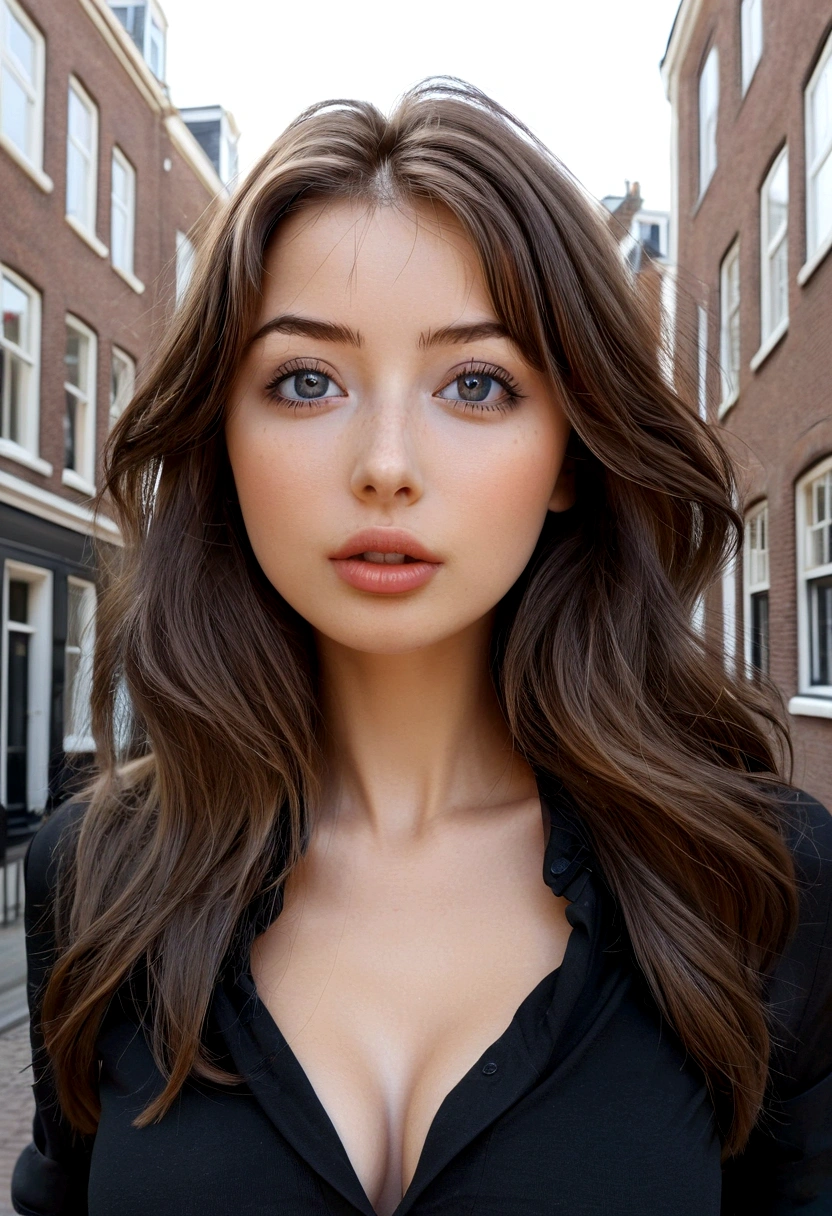 ((Sophie Mudd))), Photo brute, belle 24 ans.oh woman, visage mignon, very hot, wonderful goddess, (((Cheveux noirs mi-longs))), frange devant, yeux marrons, in Amsterdam, well dressed with a shirt, Low angle shot, Coup moyen, photo de haute qualité