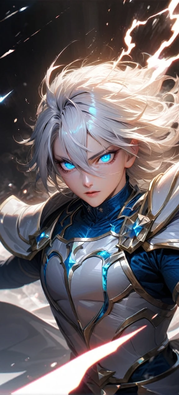 High quality, ultra realistic,absurdres, highres, ultra detailed, HDR, masterpiece, extremely detailed face and eyes, Sagitarius Seiya, Saint Saiya , White Shinning Angel white Armor, solo, white hair,man, handsome, ,white eyeleshes, blue eyes , angel expresion, white splashing effect, white lightning effect,glowing glitters , symetrical , black aura