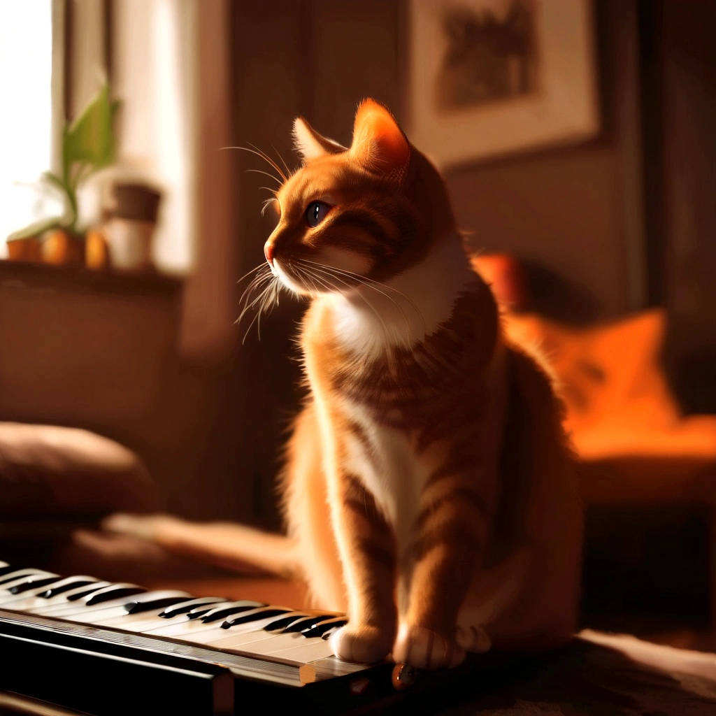 Chico de pelo naranja en habitacion estilo lo-fi con instrumentos musicales, gato naranja de fondo, notas musicales flotando