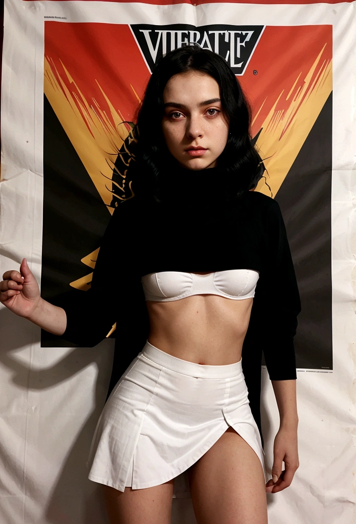 in a military uniform with an evil (superflat, flat shading, flat colors:1.1), (magazine cover), (mortifago propaganda poster), young teenl, slim a beautiful young girl with short dark hair , daughter of severus snape and lily evans, dark black hair and piercing green eyes,, , , wind lifting skirt, upkirt, (white panties), serious, red sunset, mortifago revolution,skull and snake, black banners, volumetric lighting, soft light, bright, colorful, sketch