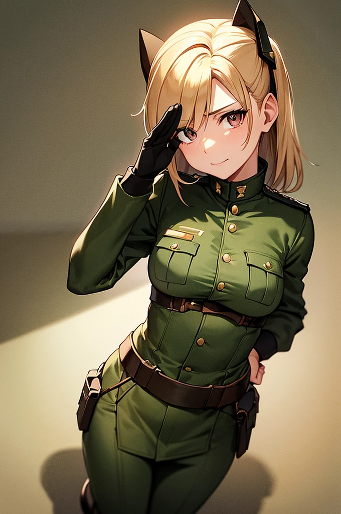painting of a female soldier, uniform smiling, leather_jacket, military_hat, british_army, world_war_ii, hearts_of_iron, cowboy_shoot, female_focus, solo, military art, infantry girl, dieselpunk, by Hugh Hughes