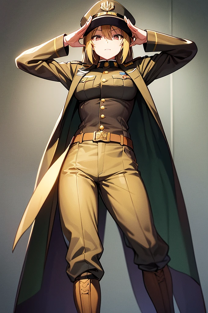 Content:
An anime woman in a military uniform. She has dark brown eyes, tanned skin, blonde hair that ends halfway down her back, and military boots. Her military uniform has themes of brown to reflect the desert background, and she carries binoculars. Her appearance is loosely inspired by Erwin Rommel. She wears a confident smile, looking very mature, with her hands on her hips.
Medium:
Digital art, anime illustration.
Style:
Pixiv contest winner, fine art, with elements inspired by historical military aesthetics and anime character design.
Lighting:
Dramatic, with strong contrasts to highlight her authoritative presence and the details of her uniform. Subtle shadows to add depth and realism.
Colours:
A palette dominated by military greens, browns, and blacks to reflect the desert environment.
Composition:
A full body shot. She salutes to the camera, showcasing her confidence and authority.