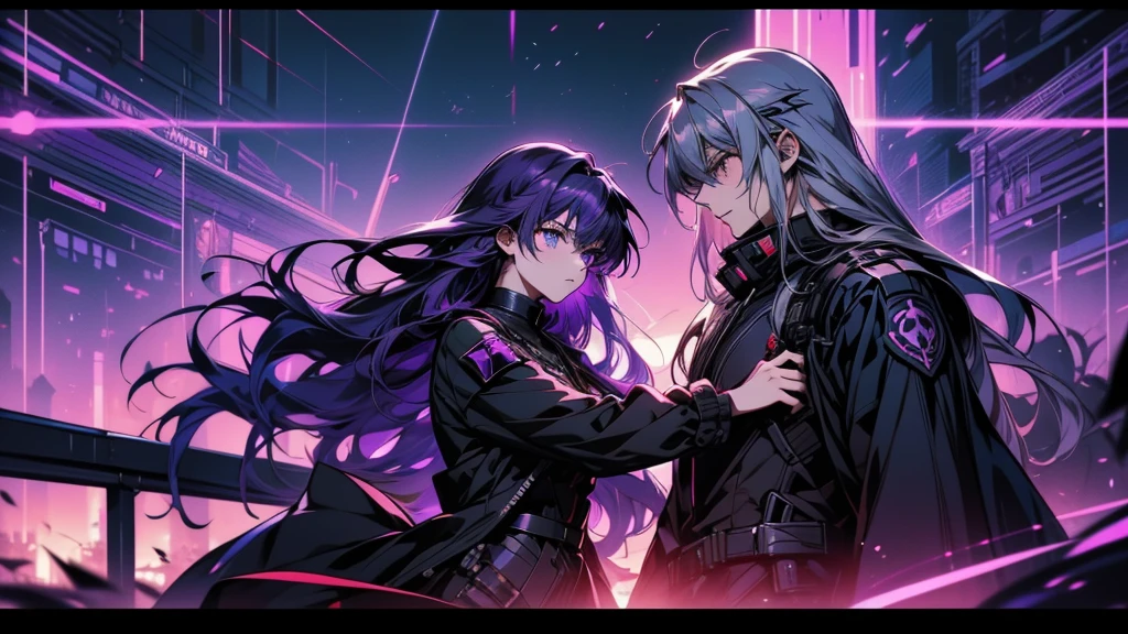 Long haired and purple haired anime characters hugging each other, Cytus and Deemo Style, Gapmoe Yandere Grimdark, UFOTABLE art style, From Girls Frontline, Spectacular anime style, Anime art style, Detailed anime artwork, From Arknights, anime style like fate/Stay Night, Detailed fan art, Girls Frontline Style, Beautiful and detailed anime art, mirai nikki