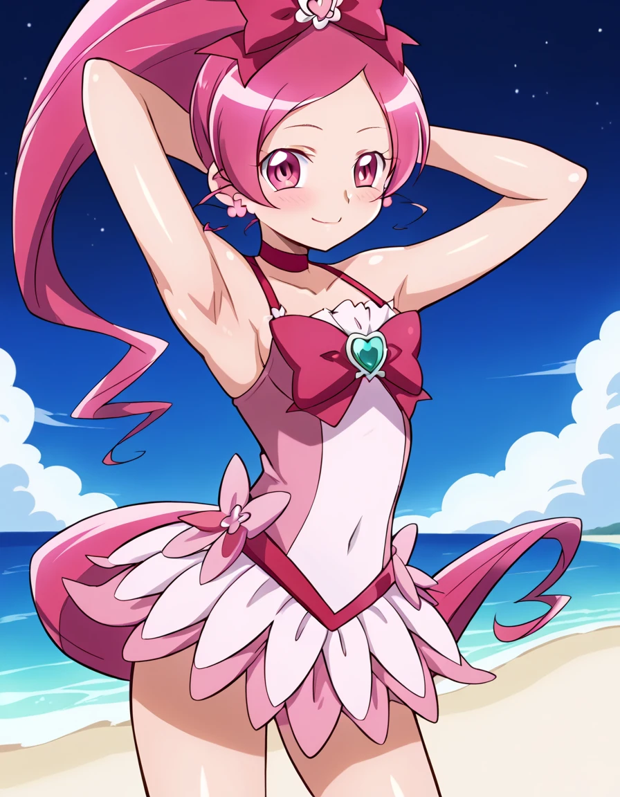 cureblossom, shiny skin, high quality, solo, 1girl, night sky, beach, arms behind head, sexy, (contrapposto), closed mouth, spread armpits, cowboy shot, looking at viewer, smile, best quality, blushing,