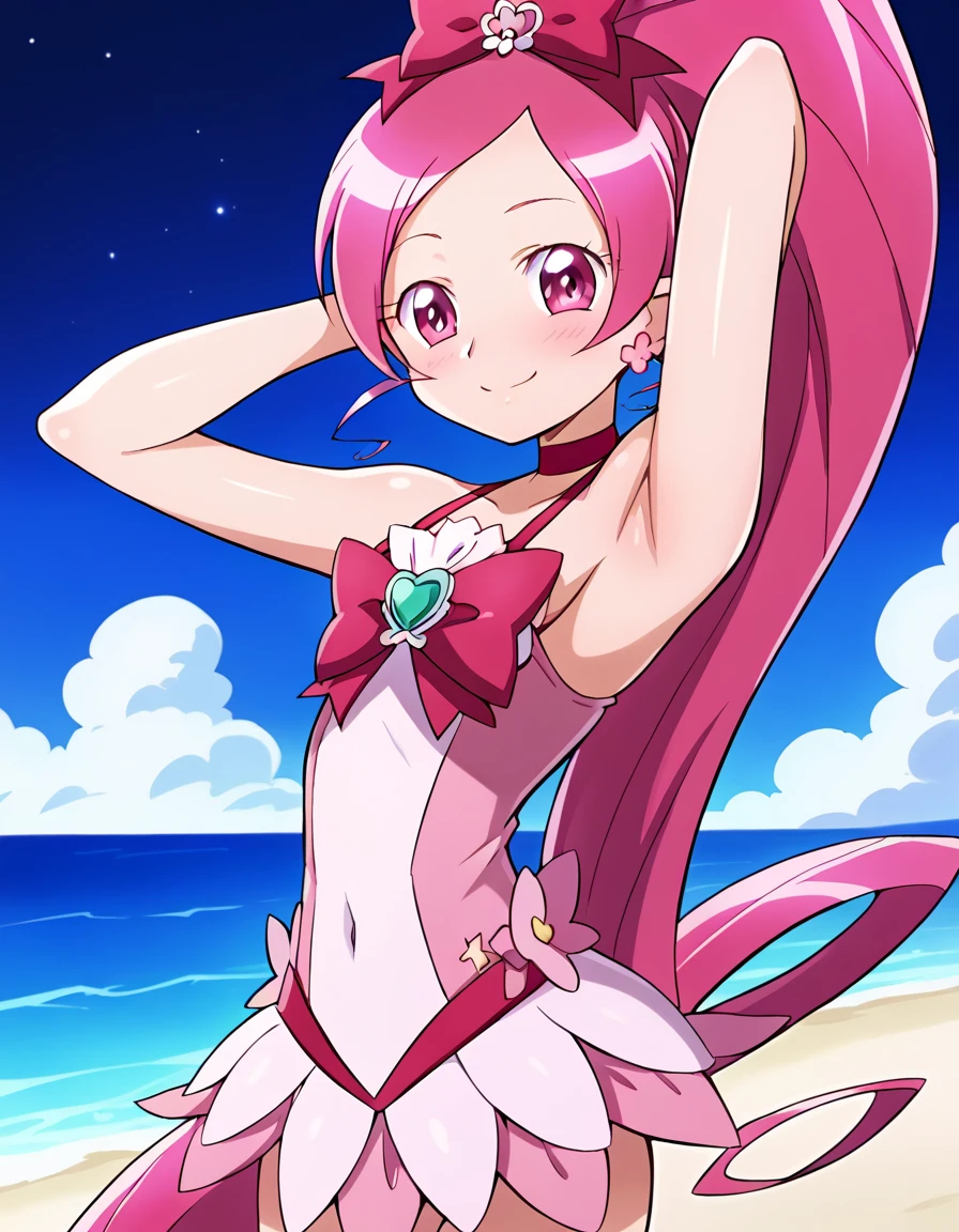 cureblossom, shiny skin, high quality, solo, 1girl, night sky, beach, arms behind head, sexy, (contrapposto), closed mouth, spread armpits, cowboy shot, looking at viewer, smile, best quality, blushing,