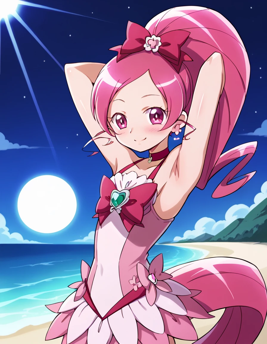 cureblossom, shiny skin, high quality, solo, 1girl, night sky, beach, arms behind head, sexy, (contrapposto), closed mouth, spread armpits, cowboy shot, looking at viewer, smile, best quality, blushing,