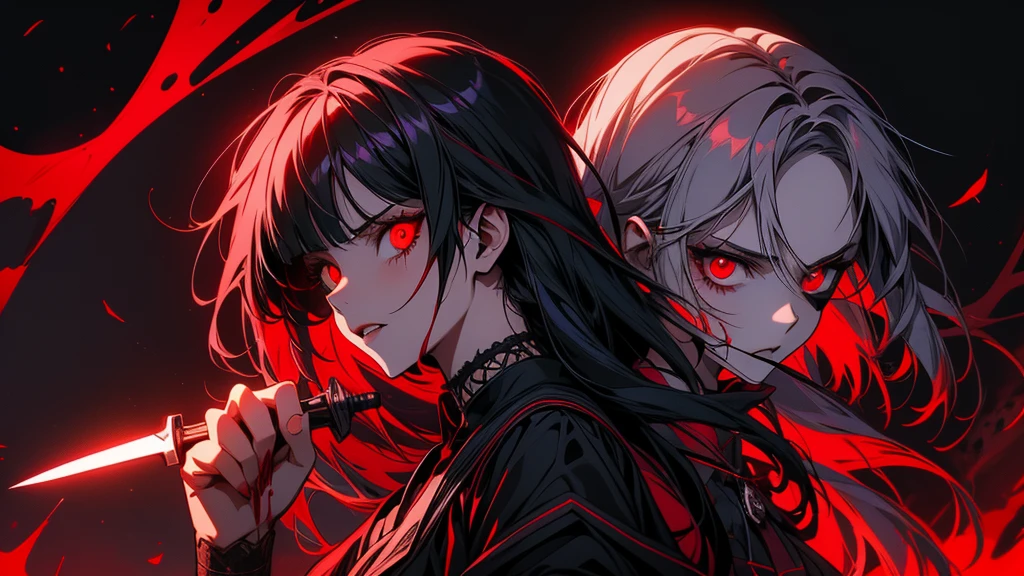 Red eyed anime girl holding a knife and bloody hands, Gothic Maiden Anime Girl, Gap Moe Yandere Grimdark, portrait Gap Moe Yandere Grimdark, gapmoe yandere, Devil Anime Girl, Nightcore, With eyes that glow red, yandere, Vampire Girl, Female Vampire Knight, yandere intricate, Burning, Red eye glow angle from the front eye patch
