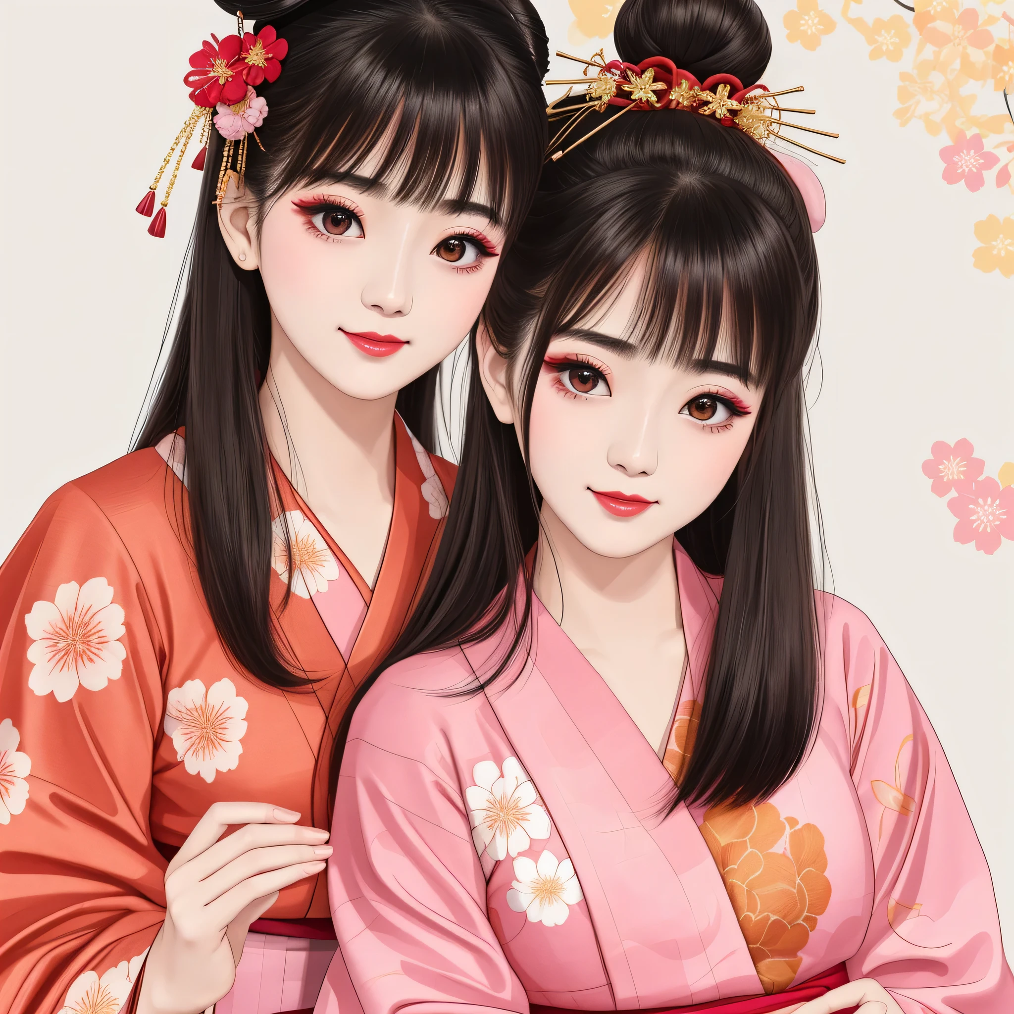 Each has a different expression2People and sisters、(2 girls)、⦅Dancing traditional arts with grace)、((Big Breasts、Small Face、Not exposed))、Highest quality、masterpiece、(Black Hair、Bun Hair)、Brown Eyes、⦅Wide angle、Angle from above the waist、Pause on the magazine cover、Their gazes are different, gazing into the distance⦆、(8K High Quality、masterpiece、High resolution、Realistic and beautiful light and shadow、(Highest quality)、(High Resolution)、(Very delicate and beautiful)、(Beautiful 8k face)、(With a smile、Beautiful eyes)、(Clear skin)、(Soft hair)、(8Head to Body)、(A Japanese style yukata kimono with red, pink and orange floral patterns on a white background, interspersed with gold powder、Wearing a yukata2Beautiful Japanese girls)、((Tanabata decoration background))、((Small Face))、(arms up)、Thin and small nose、(Red lipstick)、(Make your cheeks red)、(Glossy skin)、((Ink painting style))、Very thin eyebrows、Overall ultra-high image quality、(She is wearing maiko-style makeup.)、Whitening、Long and beautiful eyelashes、Glowing Skin、(Red cheeks),Straight nose、masterpiece、Highest quality、whole body、 Eyebrows visible through hair、Bun Hair、Grin、Gal、Gal、Viewer's Eyes、Plaid、Stylish、woman、fine、Pause、
Waiting to start