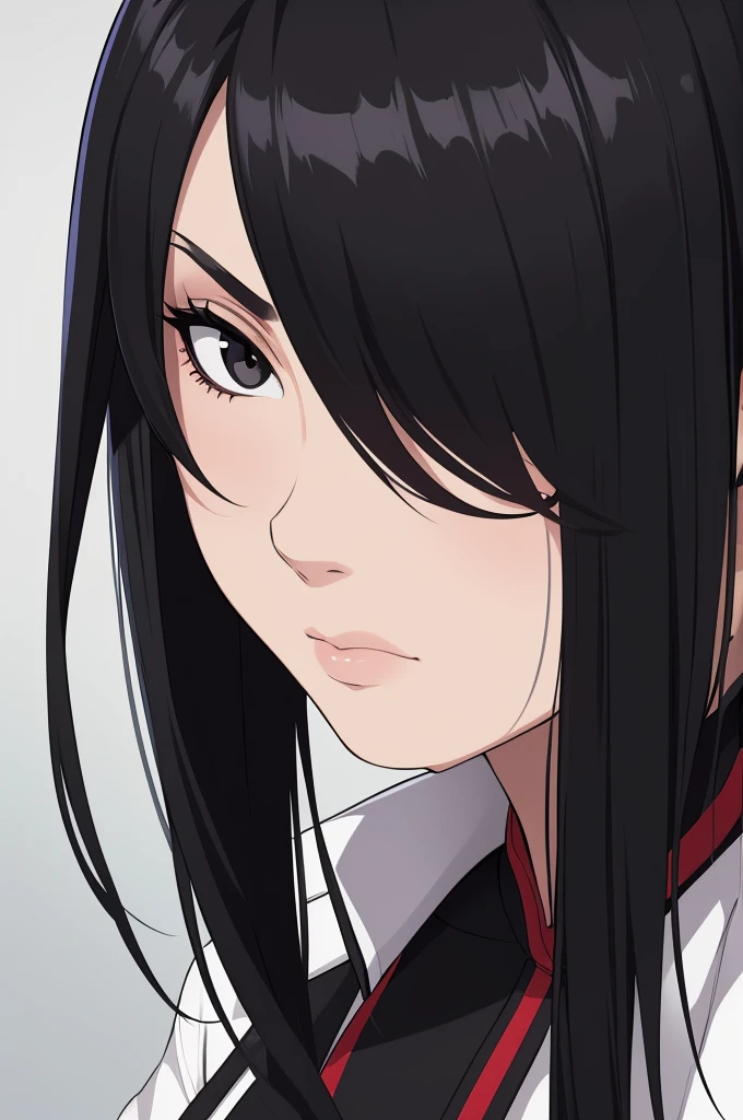 masterpiece, (solo), absurdres, portrait, ((upper body)), ((close up)), detailed background, fine detail, HDR, female, black hair, long hair, black eyes, black and red ninja uniform, white shirt, hair over one eye, neutral expression