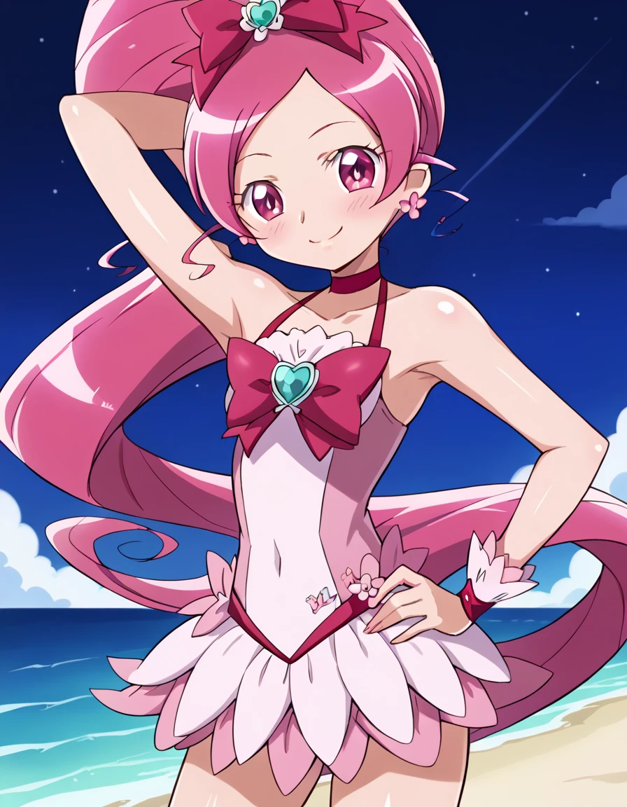 cureblossom, shiny skin, high quality, solo, 1girl, night sky, beach, arm behind head, hand on hip, sexy, (contrapposto), closed mouth, spread armpits, cowboy shot, looking at viewer, smile, best quality, blushing,