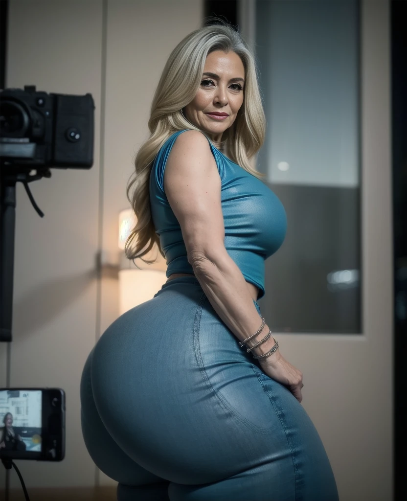 Beautiful 65 year old grandmother, mulher idosa de cabelos brancos, with her back to the camera showing a huge ass, slate blue pants and blouse, cintura muito fina, quadril largo, beautiful grandmother, linda velha, night and urban scenery with bokeh and flares on camera