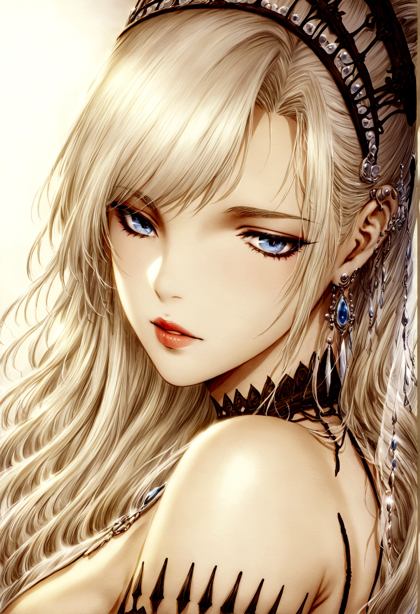 Create a hyper detailed photograph of a luis royo youthful stunningly glamorous girl, Stunningly perfect gorgeous face, perfect makeup, detailed vibrant eyes, platinum blonde dutch hair, detailed perfect smooth skin, prohibited,