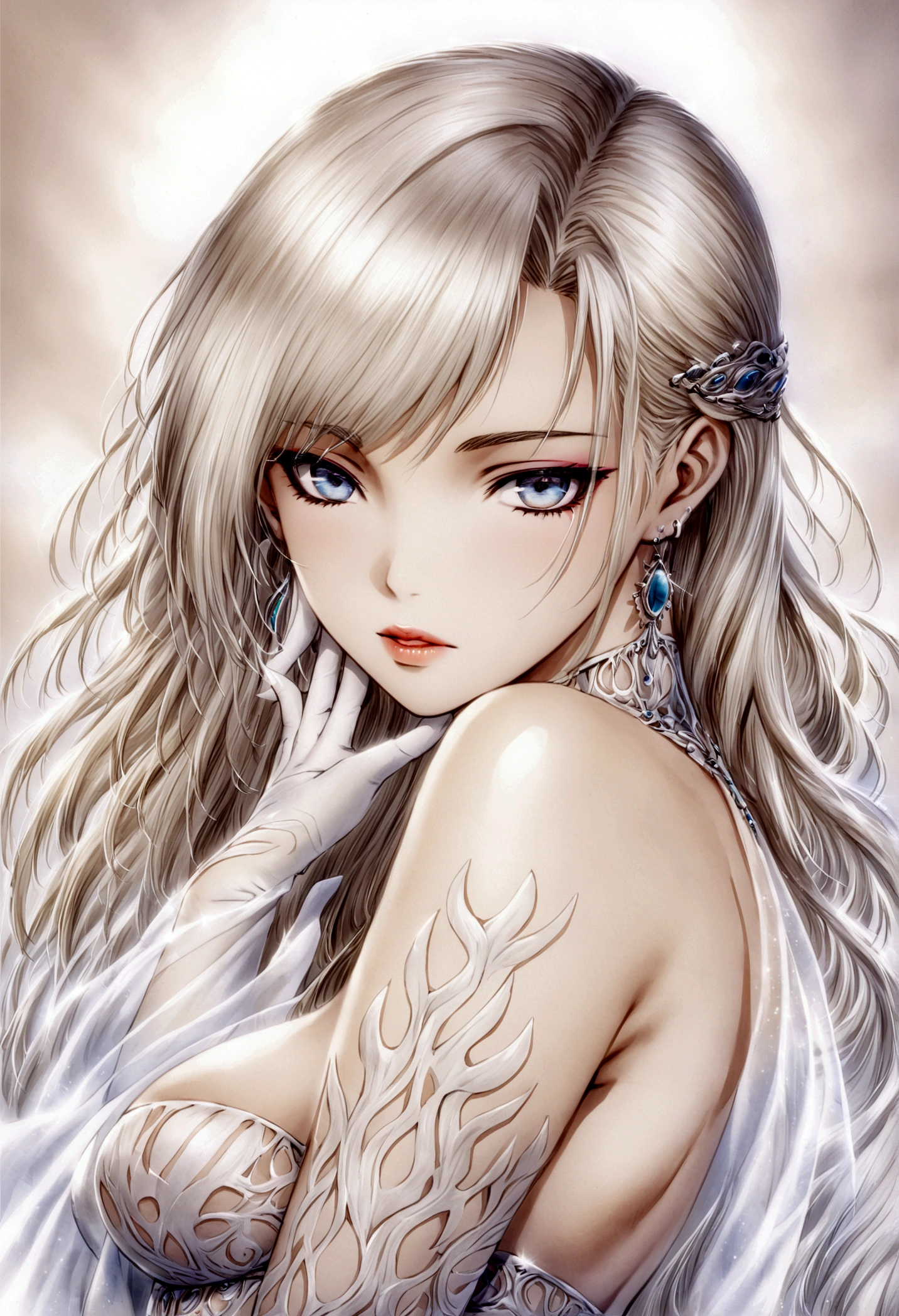 Create a hyper detailed photograph of a luis royo youthful stunningly glamorous girl, Stunningly perfect gorgeous face, perfect makeup, detailed vibrant eyes, platinum blonde dutch hair, detailed perfect smooth skin, prohibited,