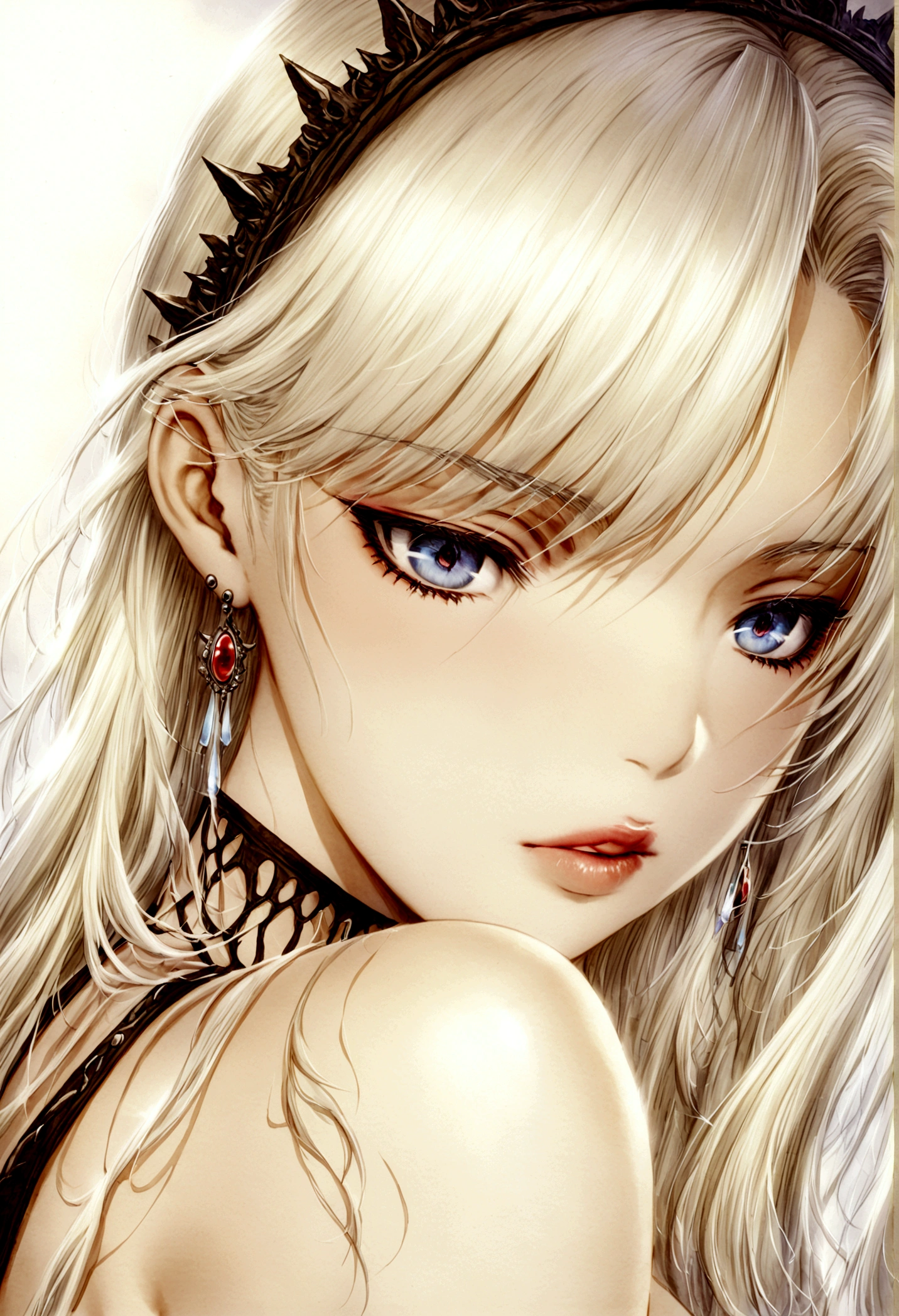 Create a hyper detailed photograph of a luis royo youthful stunningly glamorous girl, Stunningly perfect gorgeous face, perfect makeup, detailed vibrant eyes, platinum blonde dutch hair, detailed perfect smooth skin, prohibited,