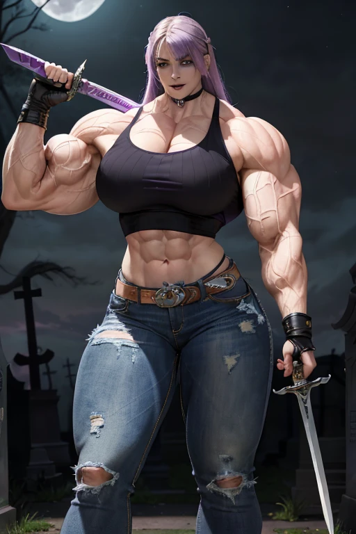((((Massive, beautiful, pale white skinned, buff, muscular female vampire slayer with violet purple hair, black lipstick, ginormous bulky muscles, brandishing a sword and wearing a tight tank top and tight denim pants)))), (close view), (massive muscles), massive biceps, hyper muscle shoulders, vascular shoulders, hyper muscle triceps, (long hair with long bangs), black eyes, (gauntlets), denim pants, chain belt, choker, thigh high heels, holding a sword, (in a moonlit cemetery), fingerless gloves, closed smile, night, hyper vascular arm, hyper muscles arms, hyper muscle legs, massive arms.
