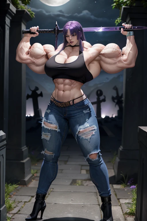 ((((Massive, beautiful, pale white skinned, buff, muscular female vampire slayer with violet purple hair, black lipstick, ginormous bulky muscles, brandishing a sword and wearing a tight tank top and tight denim pants)))), (close view), (massive muscles), massive biceps, hyper muscle shoulders, vascular shoulders, hyper muscle triceps, (long hair with long bangs), black eyes, (gauntlets), denim pants, chain belt, choker, thigh high heels, holding a sword, (in a moonlit cemetery), fingerless gloves, closed smile, night, hyper vascular arm, hyper muscles arms, hyper muscle legs, massive arms.