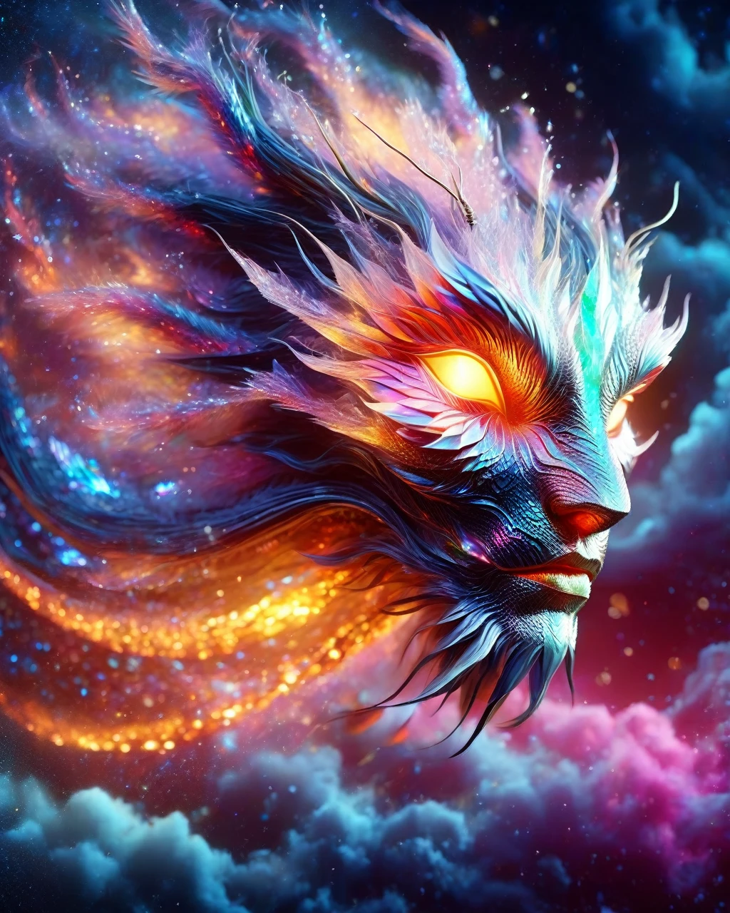 (super clear picture quality:1.8),masterpiece,best quality,
ultra-realistic mix fantasy,flood dragon,a mythical creature capable of invoking storms and floods,in the style of dark azure and light azure,mixes realistic and fantastical elements,vibrant manga,uhd image,glassy translucence,vibrant illustrations,ultra realistic,jewelly,shawls,light In eyes,red eyes,firefly,bokeh,mysterious,fantasy,cloud,abstract,colorful background,night sky,flame,very detailed,high resolution,sharp,sharp image,4k,8k,masterpiece,best quality,magic effect,(high contrast:1.4),dream art,diamond,mysterious colorful background,dark blue themes,real,holographic,an oriental dragon,inhuman,holographic metal,machine,the perfect hand,perfect face,
