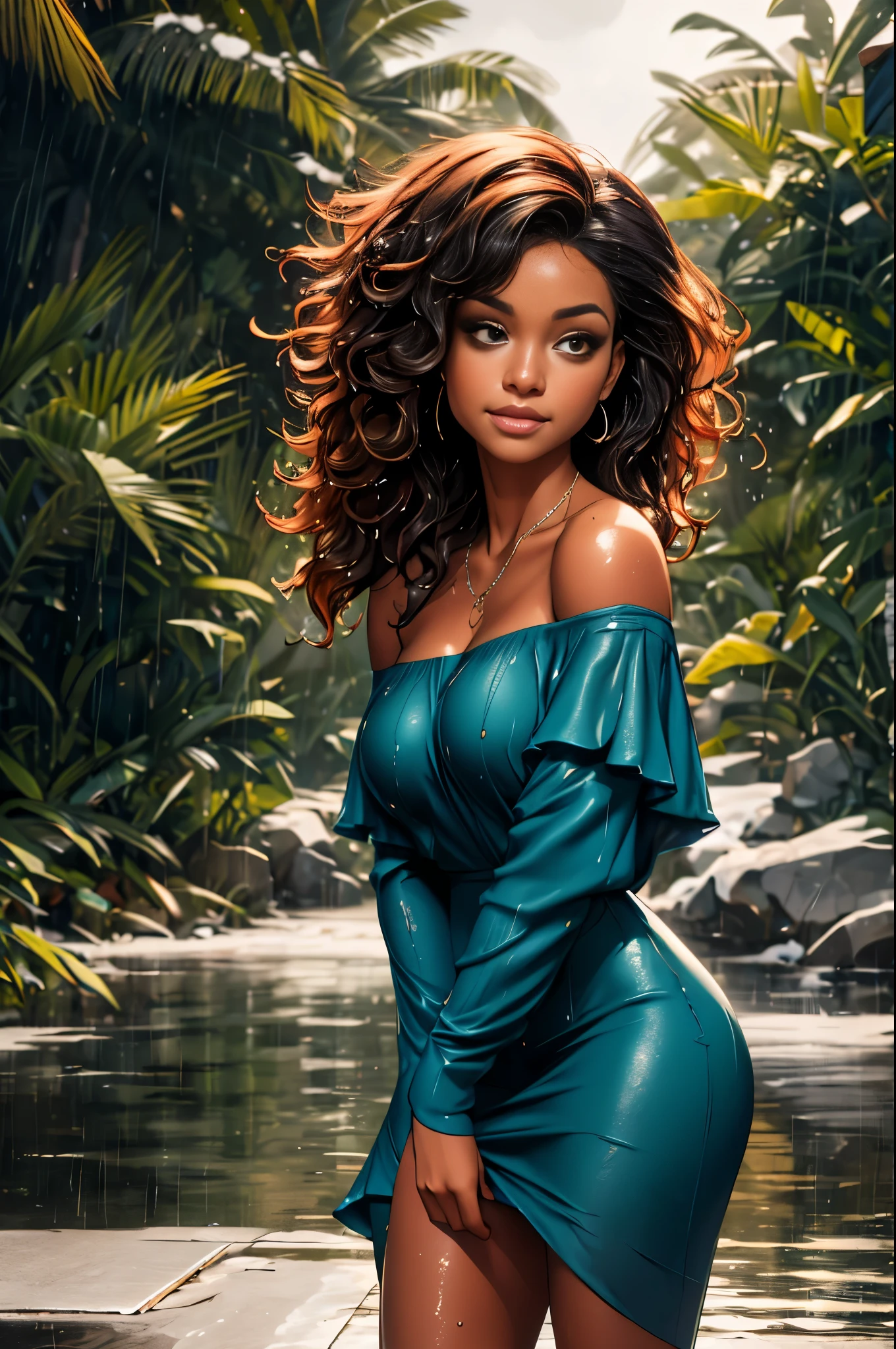 masterpiece,ultra realistic,32k,extremely detailed CG unity 8k wallpaper, best quality,  (loose fitting Dark red Off-the-shoulder dress ), hands pulling low ,((winter day )), Beachy waves with a side part ,eardrop,lady ,necklace,sexy,breast, cleavage, spilling out, (breasts out), visible underwear, ((wet clothes)), wet skin, wet hair, rainy day, soaked, drenched