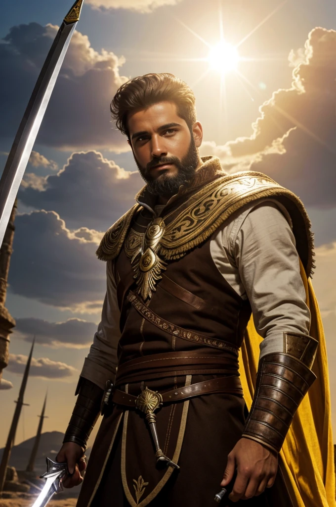 Hombre joven de barba de espalda en la imagen, con una espada en su mano y al fondo unos valles y un sol radiante