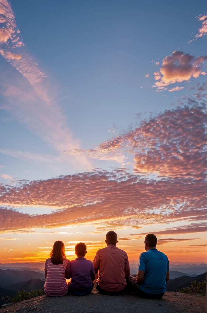 Family members sitting on a very tall mountain watching a sunset with a orange sky and pink clouds covering ninety percent of the sky