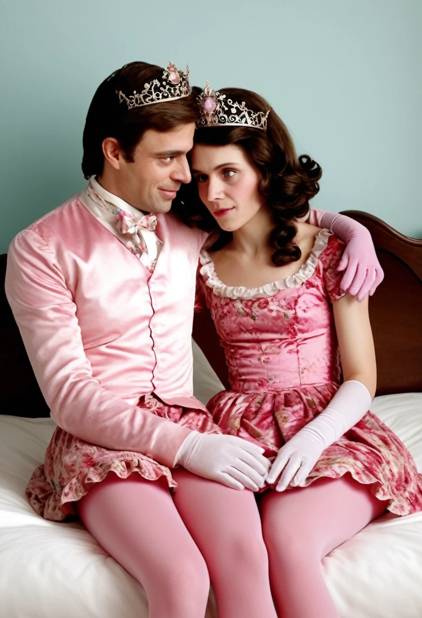 (Style-Princess) (1 man, 1 catgirl) (hetero, couple) (crossdressing, fully clothed) (brown hair, blue eyes) (portrait) (women's clothes only) (women's beautifully feminine skintight velvet floral print frilly girly pink adorable ballet leotards) (white opaque tights, no shoes) (tiaras, pink shoulder-length silk gloves:1.3) (woman's bedroom, four-poster bed) (lying down, hugging, bending knee) (intimacy, playfulness, closeness)