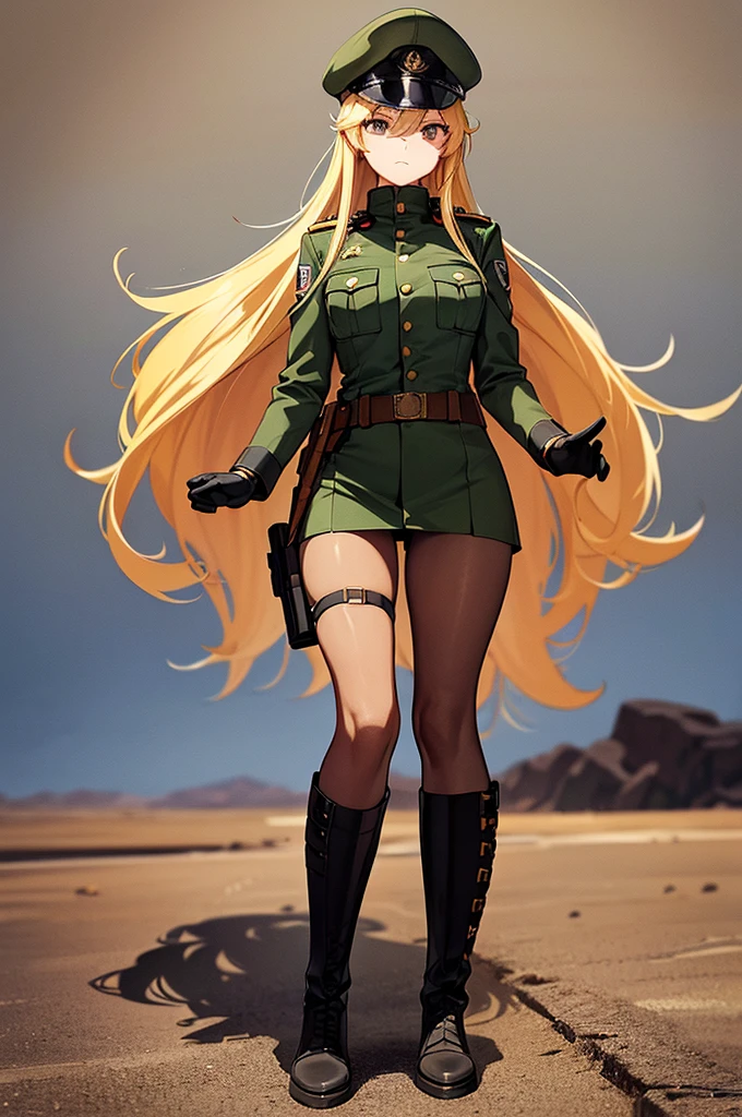 Content:
An anime woman in a military uniform. She has dark brown eyes, tanned skin, blonde hair that ends halfway down her back, and military boots. Her military uniform has themes of brown to reflect the desert background, and she carries binoculars. Her appearance is loosely inspired by Erwin Rommel. She wears a confident smile, looking very mature, with her hands on her hips.

Medium:
Digital art, anime illustration.

Style:
Pixiv contest winner, fine art, with elements inspired by historical military aesthetics and anime character design.

Lighting:
Dramatic, with strong contrasts to highlight her authoritative presence and the details of her uniform. Subtle shadows to add depth and realism.

Colours:
A palette dominated by military greens, browns, and blacks to reflect the desert environment.

Composition:
A full body shot. She salutes to the camera, showcasing her confidence and authority.