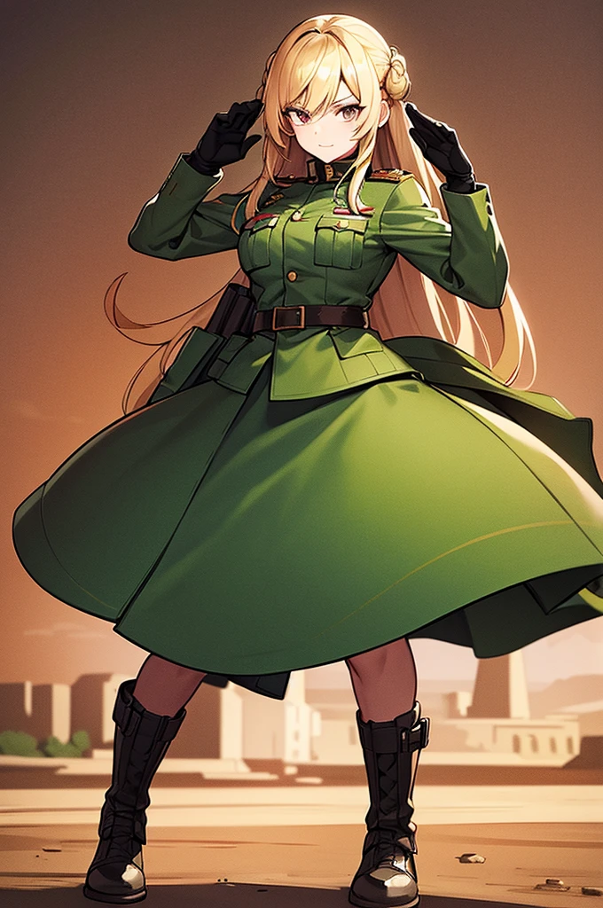 Content:
An anime woman in a military uniform. She has dark brown eyes, tanned skin, blonde hair that ends halfway down her back, and military boots. Her military uniform has themes of brown to reflect the desert background, and she carries binoculars. Her appearance is loosely inspired by Erwin Rommel. She wears a confident smile, looking very mature, with her hands on her hips.
Medium:
Digital art, anime illustration.
Style:
Pixiv contest winner, fine art, with elements inspired by historical military aesthetics and anime character design.
Lighting:
Dramatic, with strong contrasts to highlight her authoritative presence and the details of her uniform. Subtle shadows to add depth and realism.
Colours:
A palette dominated by military greens, browns, and blacks to reflect the desert environment.
Composition:
A full body shot. She salutes to the camera, showcasing her confidence and authority.