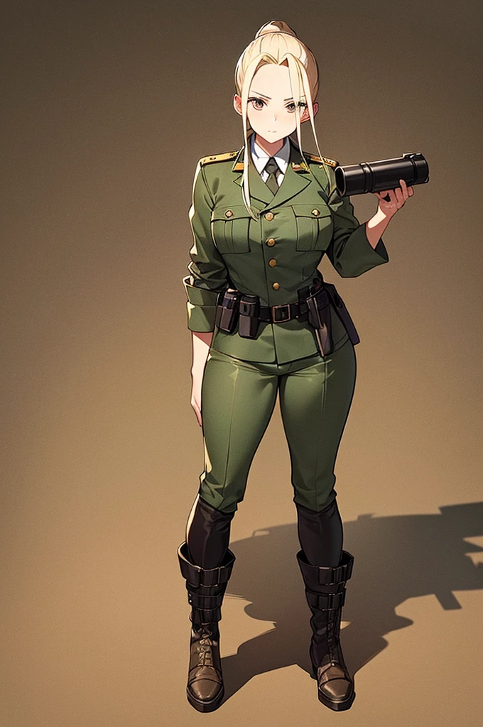 Content:
An anime woman in a military uniform. She has dark brown eyes, tanned skin, blonde hair that ends halfway down her back, and military boots. Her military uniform has themes of brown to reflect the desert background, and she carries binoculars. Her appearance is loosely inspired by Erwin Rommel. She wears a confident smile, looking very mature, with her hands on her hips.
Medium:
Digital art, anime illustration.
Style:
Pixiv contest winner, fine art, with elements inspired by historical military aesthetics and anime character design.
Lighting:
Dramatic, with strong contrasts to highlight her authoritative presence and the details of her uniform. Subtle shadows to add depth and realism.
Colours:
A palette dominated by military greens, browns, and blacks to reflect the desert environment.
Composition:
A full body shot. She salutes to the camera, showcasing her confidence and authority.