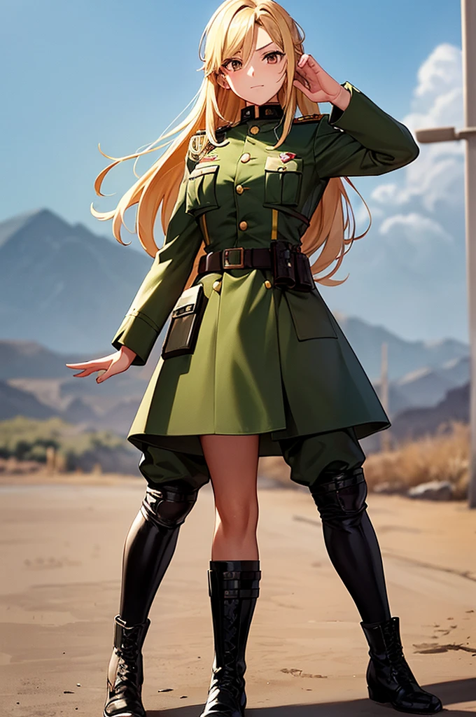 Content:
An anime woman in a military uniform. She has dark brown eyes, tanned skin, blonde hair that ends halfway down her back, and military boots. Her military uniform has themes of brown to reflect the desert background, and she carries binoculars. Her appearance is loosely inspired by Erwin Rommel. She wears a confident smile, looking very mature, with her hands on her hips.

Medium:
Digital art, anime illustration.

Style:
Pixiv contest winner, fine art, with elements inspired by historical military aesthetics and anime character design.

Lighting:
Dramatic, with strong contrasts to highlight her authoritative presence and the details of her uniform. Subtle shadows to add depth and realism.

Colours:
A palette dominated by military greens, browns, and blacks to reflect the desert environment.

Composition:
A full body shot. She salutes to the camera, showcasing her confidence and authority.