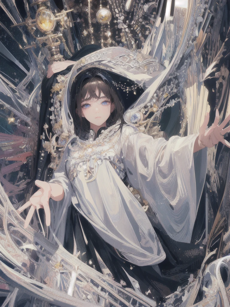 ((masterpiece, highest quality, Super detailed, High resolution)), alone, beautiful girl, shining eyes, perfect eyes, , black white gold theme,