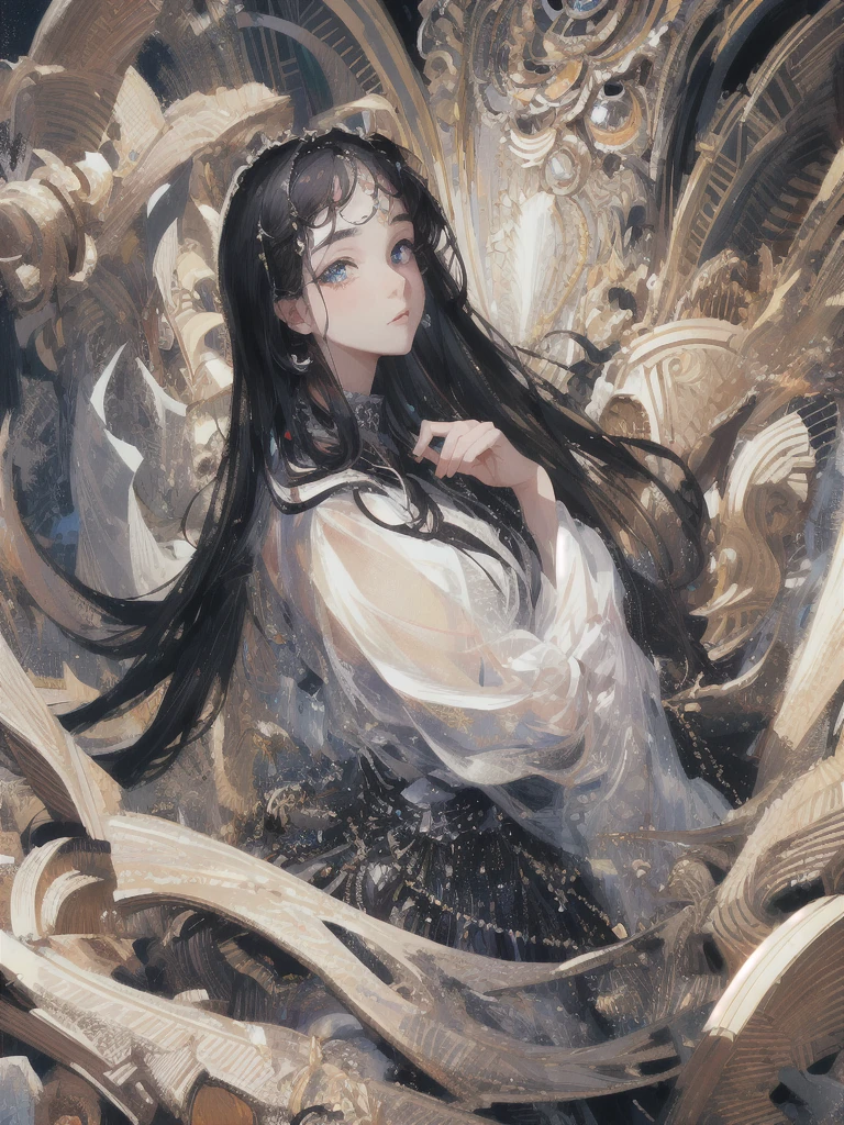 ((masterpiece, highest quality, Super detailed, High resolution)), alone, beautiful girl, shining eyes, perfect eyes, , black white gold theme,