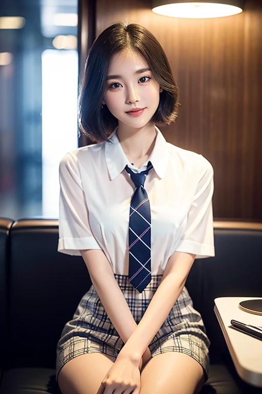 a gorgeous lady, age 16, beautiful detailed eyes, beautiful detailed lips, long eyelashes, symmetrical face, youthful smooth complexion, short bob hair, slender figure, well-endowed round bosom, friendly approachable smile, confident poised demeanor, white short-sleeve blouse, plaid tie, plaid mini-skirt, sitting in empty china bullet train at night, drenched from heavy rain, nightsky background blurred with bokeh effect,(best quality,4k,8k,highres,masterpiece:1.2),ultra-detailed,(realistic,photorealistic,photo-realistic:1.37),HDR,UHD,studio lighting,ultra-fine painting,sharp focus,physically-based rendering,extreme detail description,professional,vivid colors,bokeh
