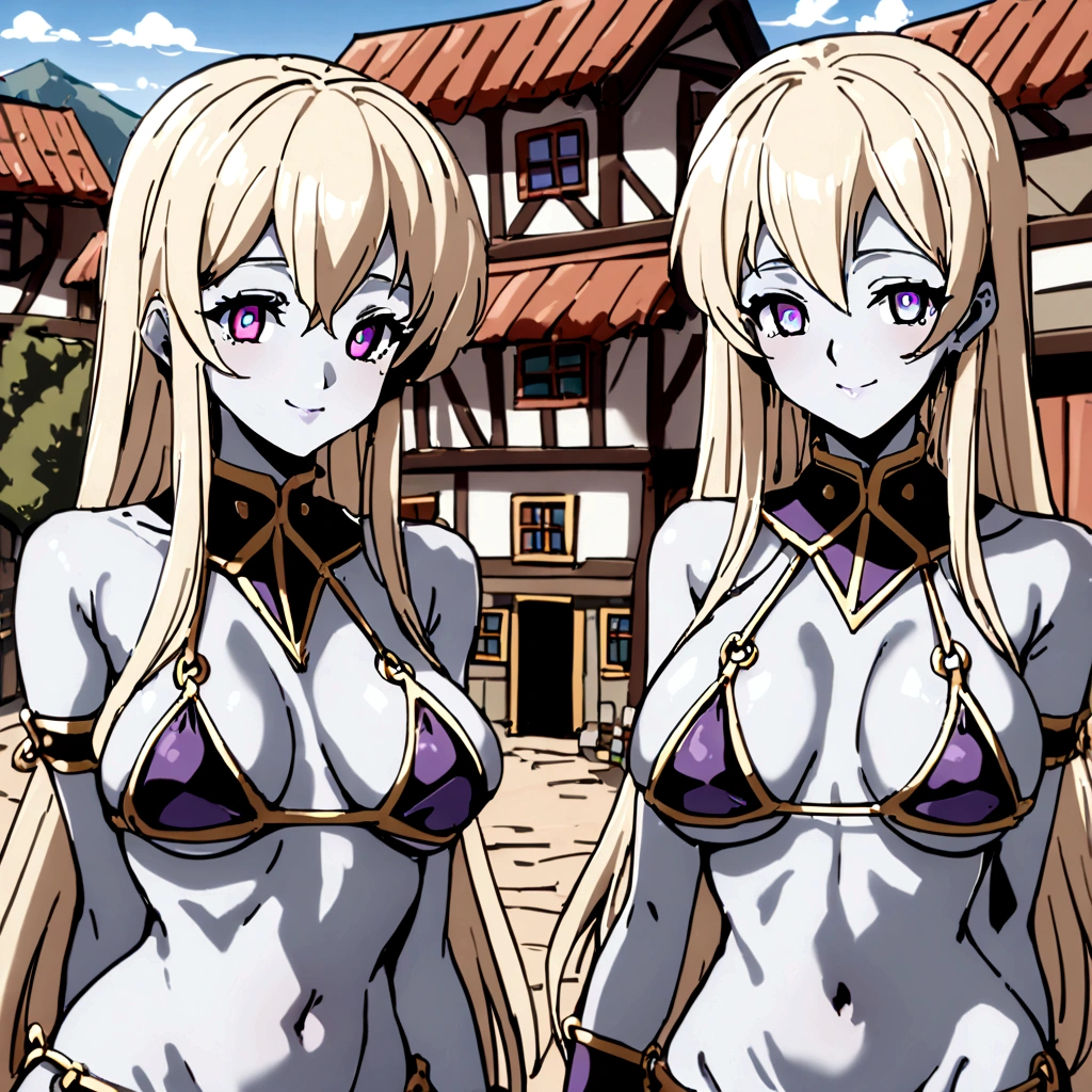 (Triplets)(chest covered)(smile)Gray skin, pale golden hair and violet eyes. They prefer clothing of white and silver with cloaks of deep blue or purple,village background, huge_knockers, ((very precise detailed)), ((highres) triplets drow slave bikini