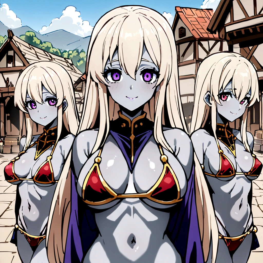 (Triplets)(chest covered)(smile)Gray skin, pale golden hair and violet eyes. They prefer clothing of white and silver with cloaks of deep blue or purple,village background, huge_knockers, ((very precise detailed)), ((highres) triplets drow slave bikini