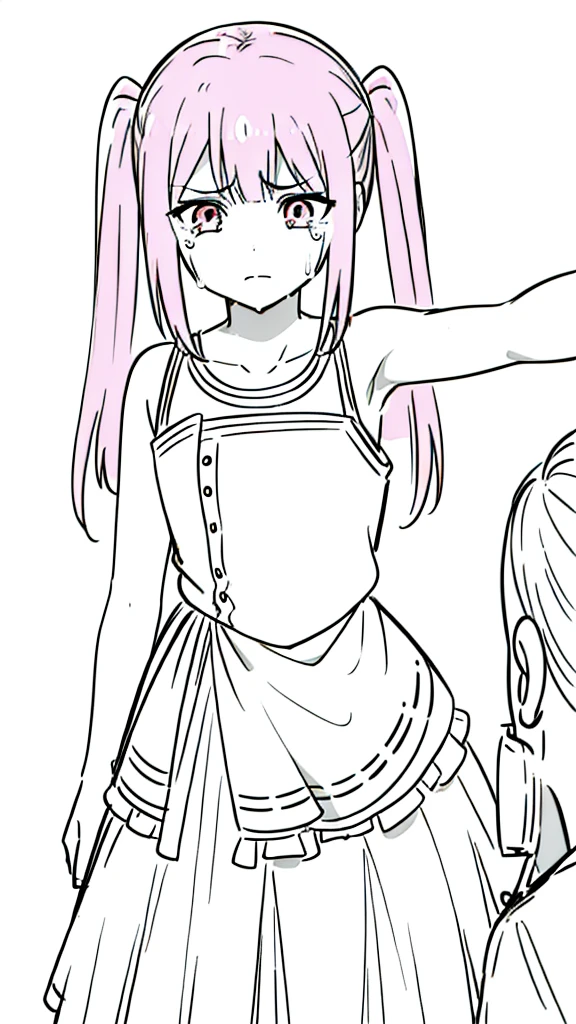 (1girl,12 years old,solo),pink hair,long hair,twintail,(medusa hair),simple dress,sleeveless,(white background,line drawing),sad,crying,kabedon pov