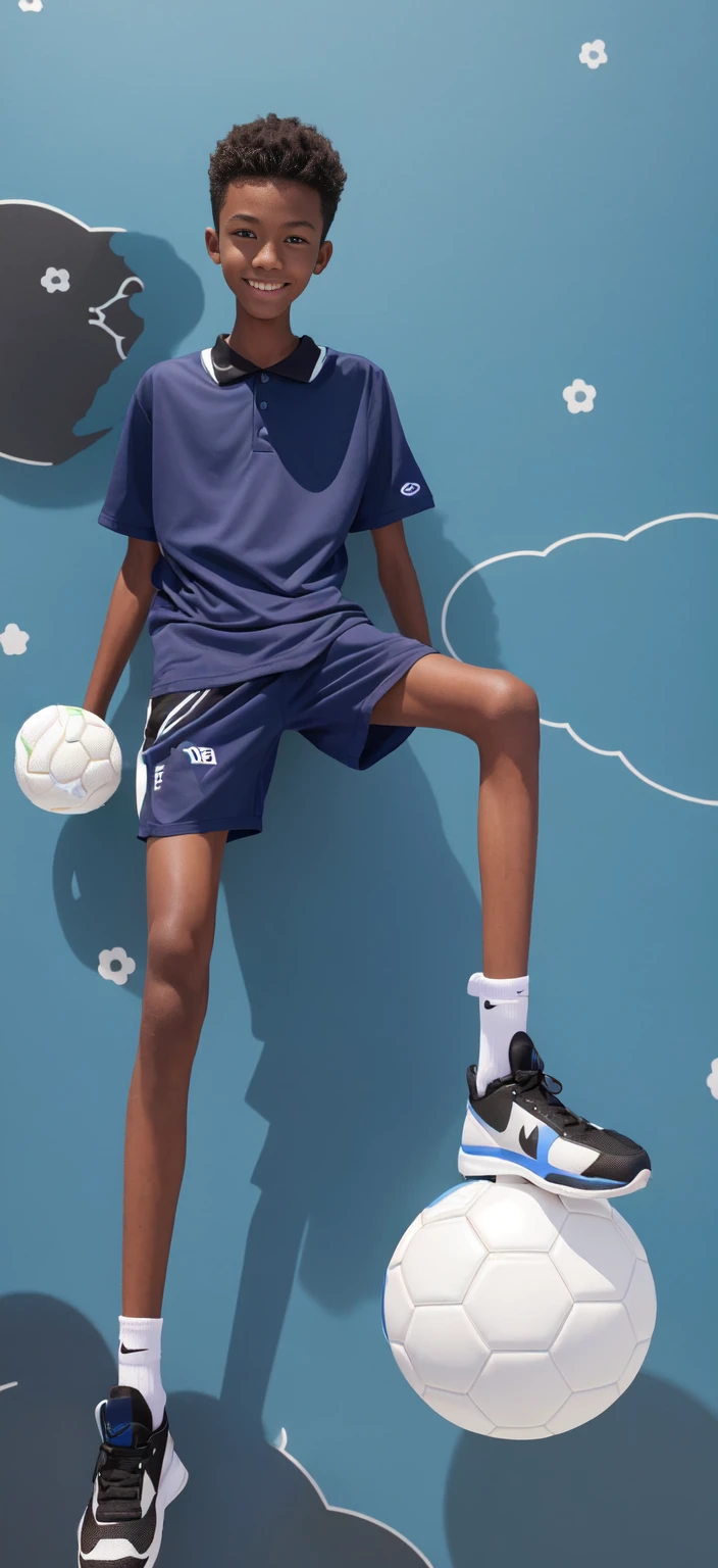 15-year-old boy,(Wearing white tennis clothes,Wearing black socks),Dark skin,Big round eyes,Very short hair,Tall and skinny,Toothy Smile,Sharpen details,Knee muscle lines,Blue Background