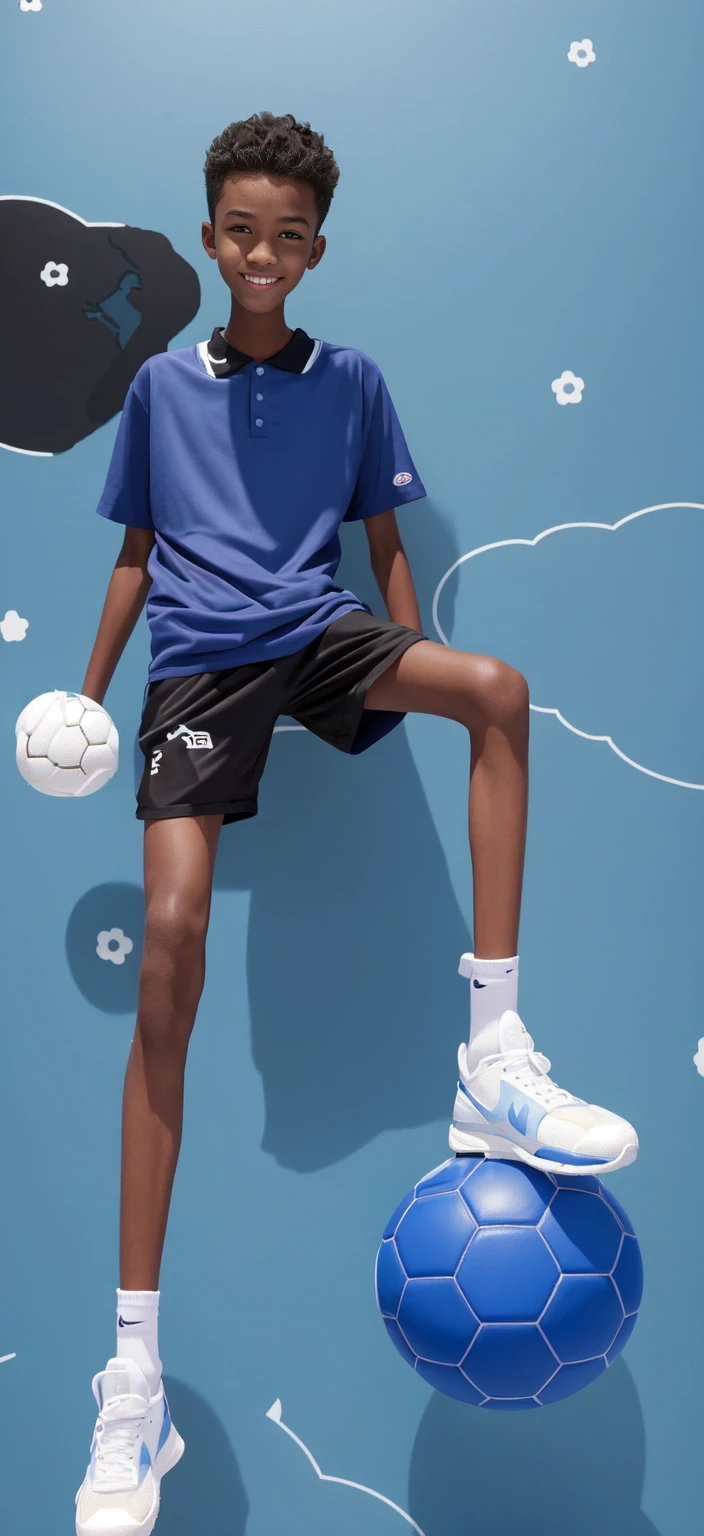 15-year-old boy,(Wearing white tennis clothes,Wearing black socks),Dark skin,Big round eyes,Very short hair,Tall and skinny,Toothy Smile,Sharpen details,Knee muscle lines,Blue Background
