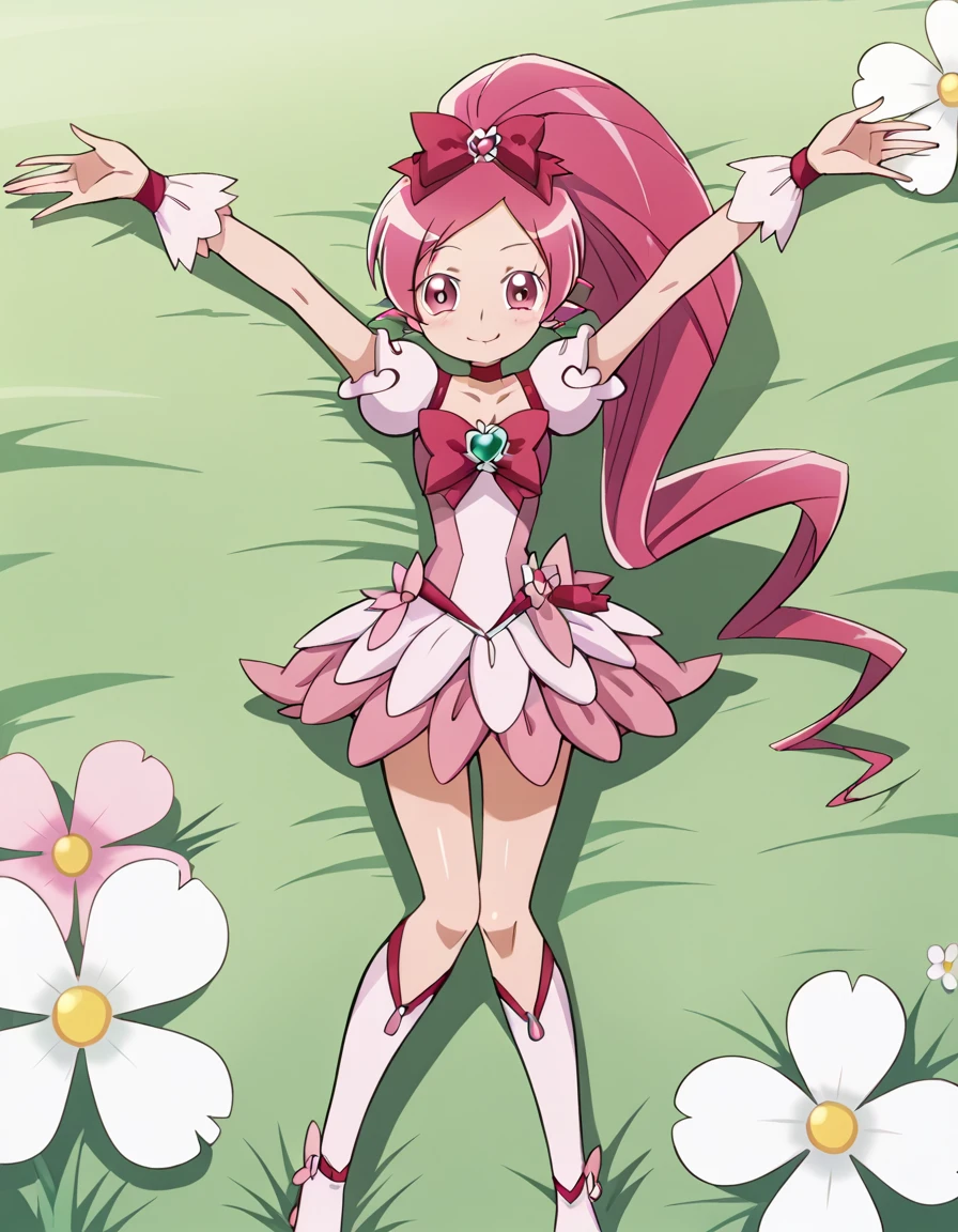 cureblossom, shiny skin, high quality, solo, lying, on back, arms up, spread arms, closed mouth, on grass, cowboy shot, looking at viewer, nervous, smile, best quality, center,