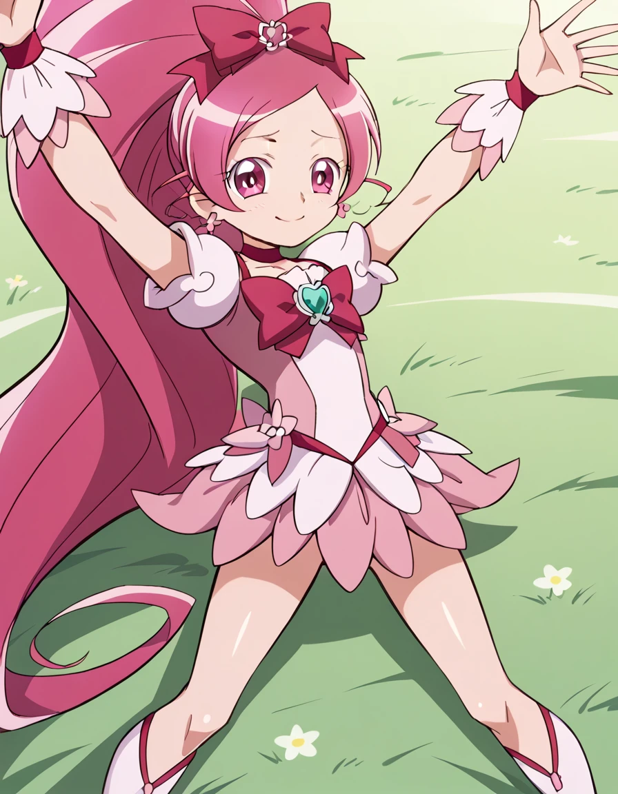 cureblossom, shiny skin, high quality, solo, lying, on back, arms up, spread arms, closed mouth, on grass, cowboy shot, looking at viewer, nervous, smile, best quality, center,