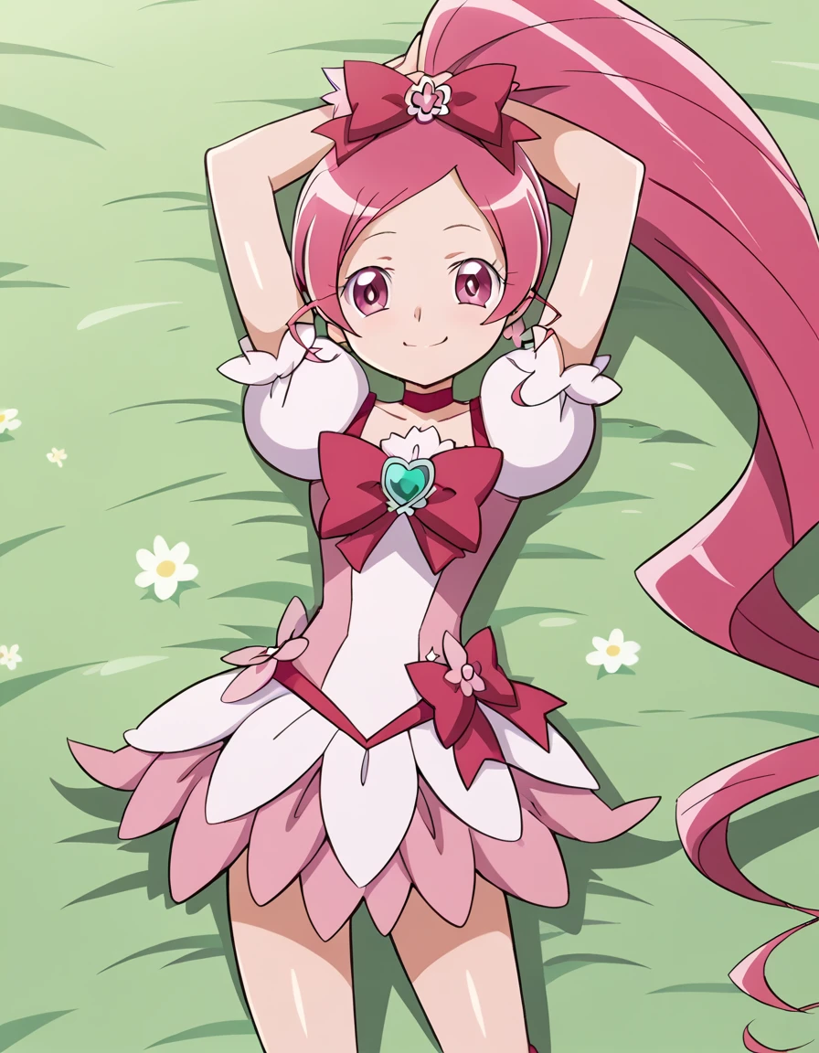 cureblossom, shiny skin, high quality, solo, lying, on back, arms up, spread arms, closed mouth, on grass, cowboy shot, looking at viewer, nervous, smile, best quality, center,