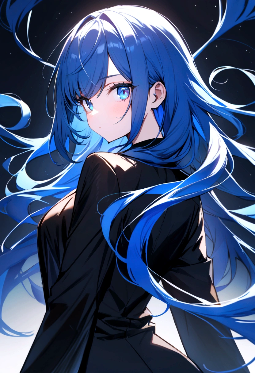 (Highest quality)(1 woman,single,blue long hair,blue eyes ,Black suit shirt,Turn to look at the viewer,stand with guardian) look back